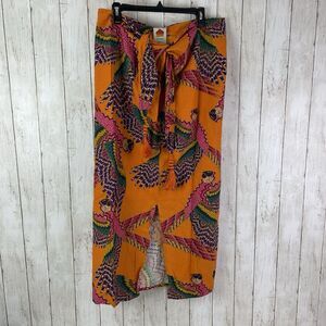 Farm Rio Midi Skirt Sz L Beaded Macaws Linen Blend Tassels - New With Tags $165